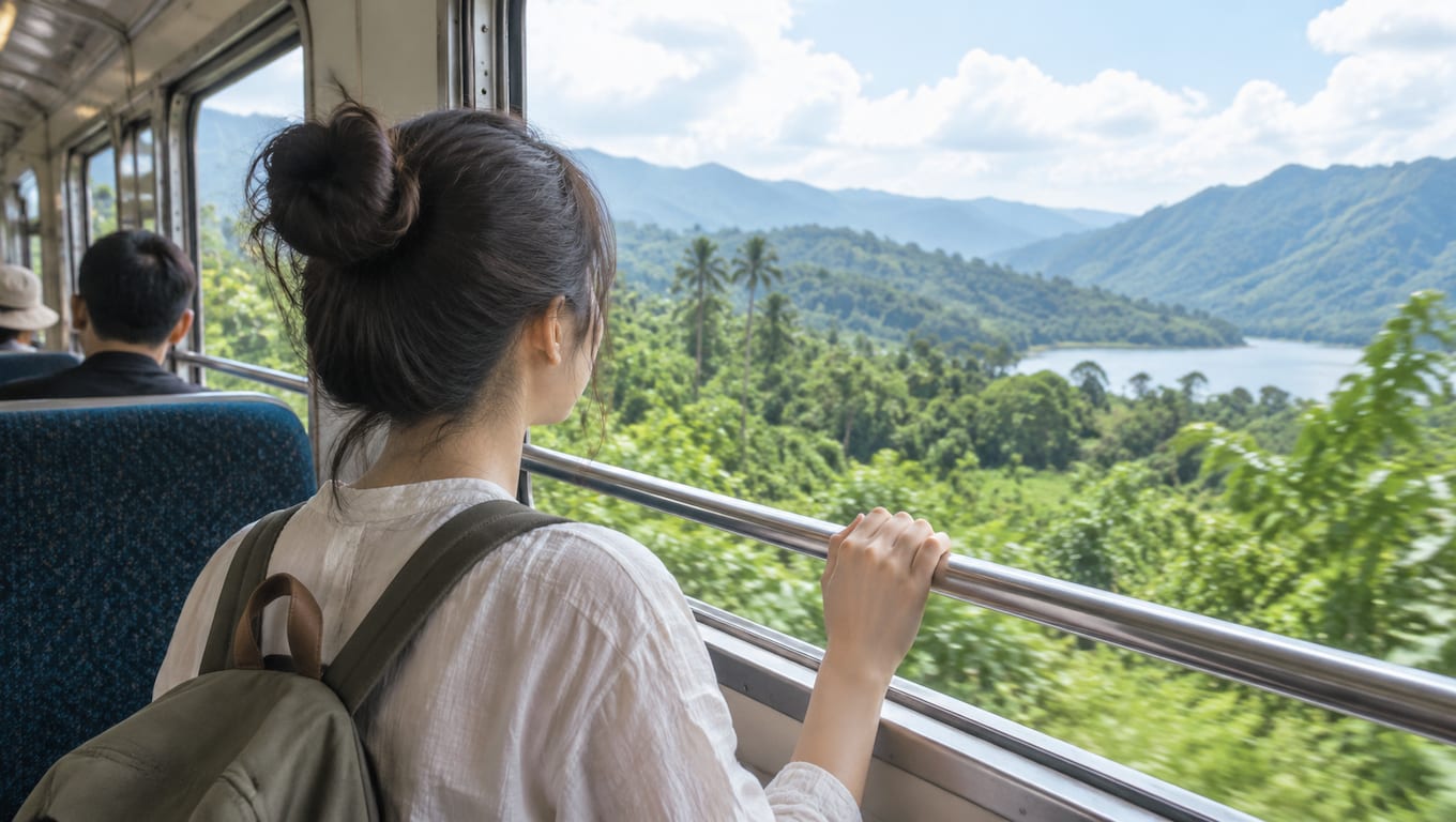 Woman with a backpack looking out an open train window at lush green mountains