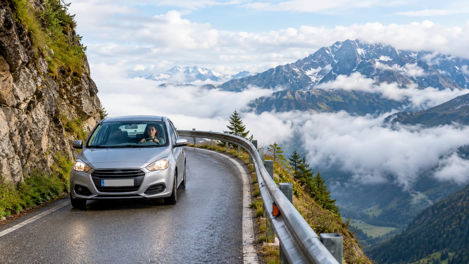 Silver car driving along a narrow winding mountain road with clouds in the valley below