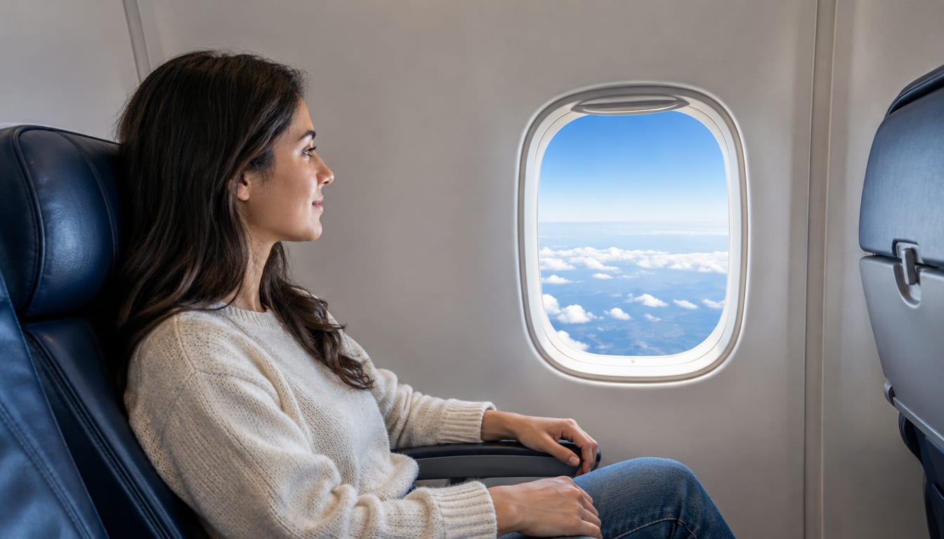 Woman sitting in an airplane seat looking out the window at the clouds
