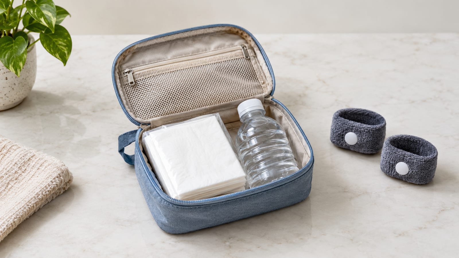 Open blue travel pouch with tissues and water bottle beside two motion sickness wristbands