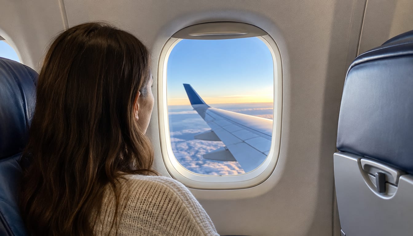 Woman seated inside an airplane looking out the window at a wing above clouds