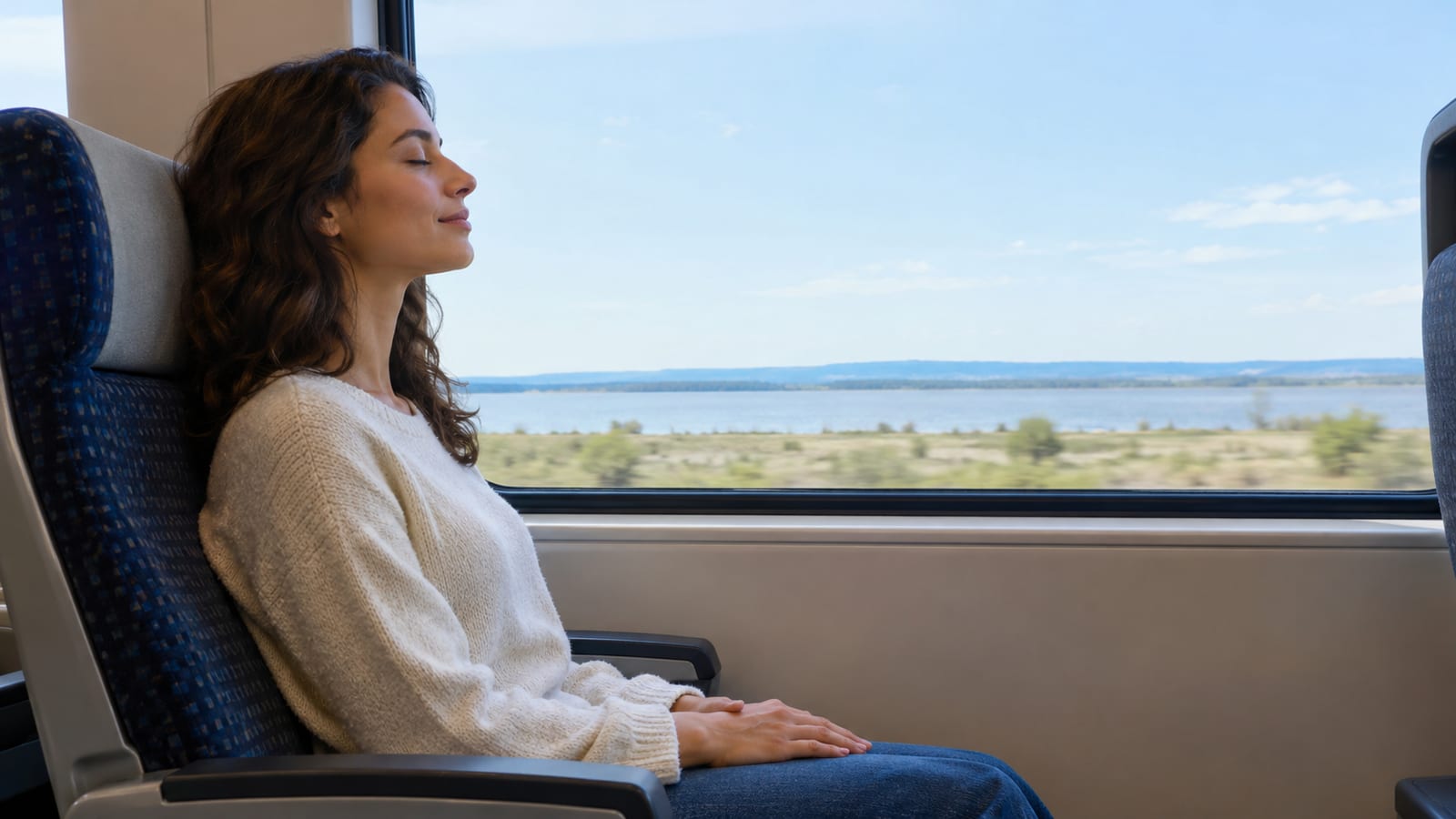 Woman resting in a train seat with closed eyes beside a window overlooking a lake