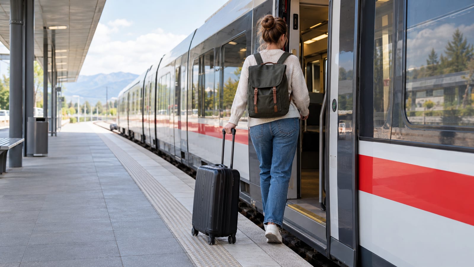 Woman carrying backpack and rolling suitcase boarding a modern train at an outdoor station platform