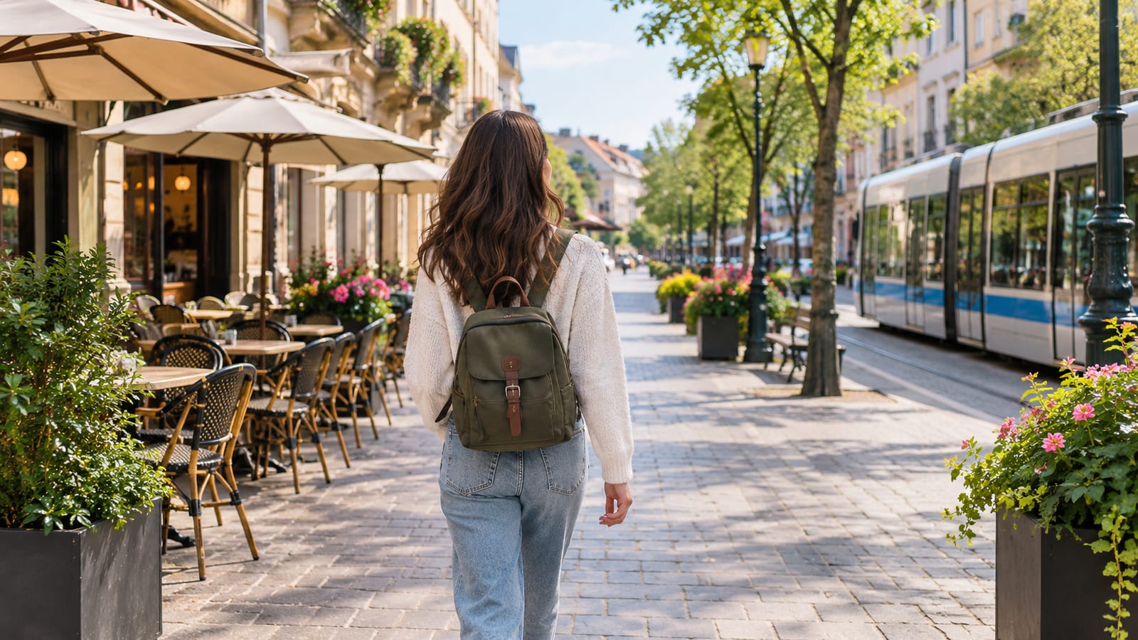 Woman wearing a backpack walks down a cobblestone street past outdoor cafe seating