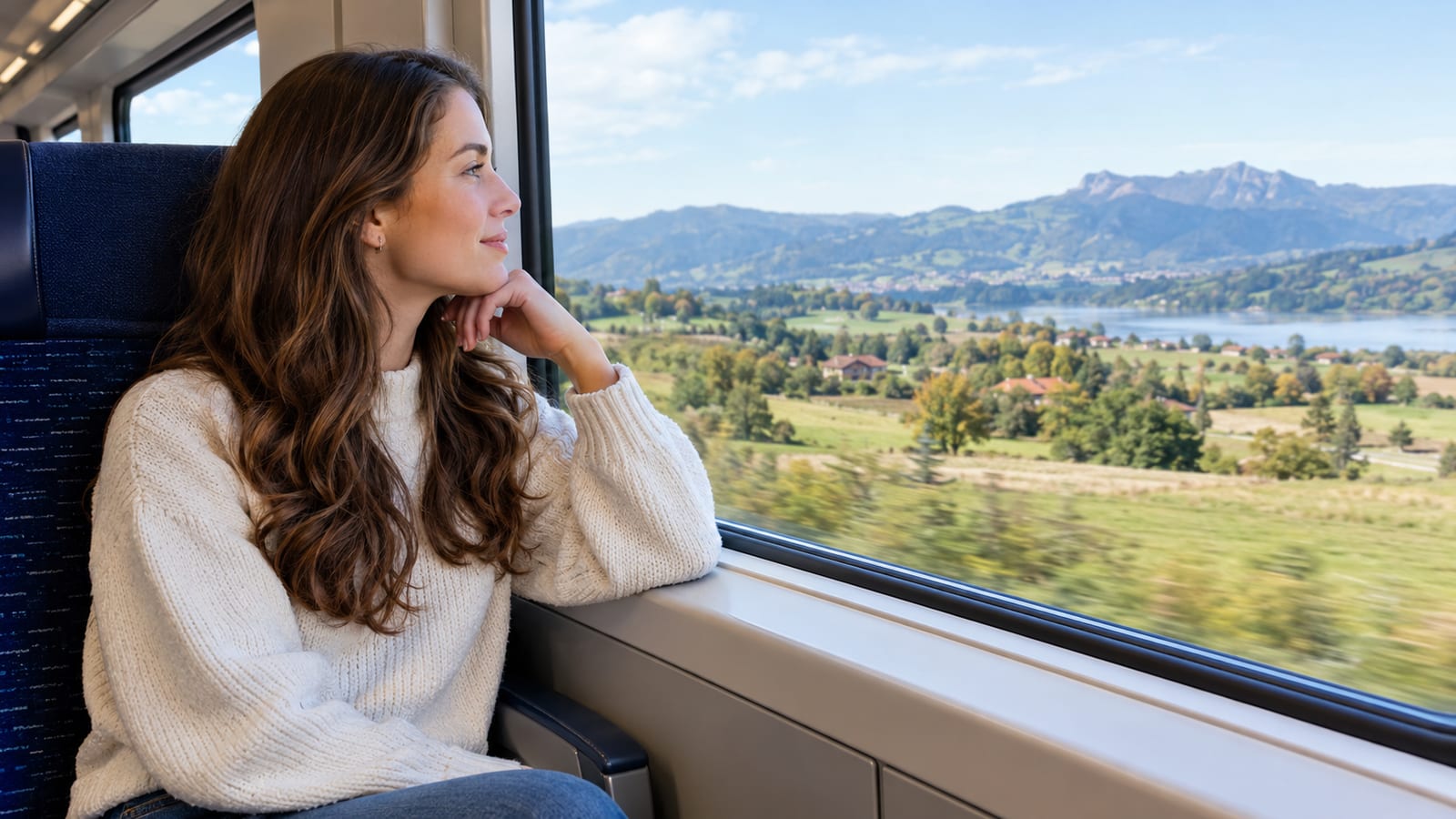 Woman looking out a train window at rolling hills, a lake, and distant mountains