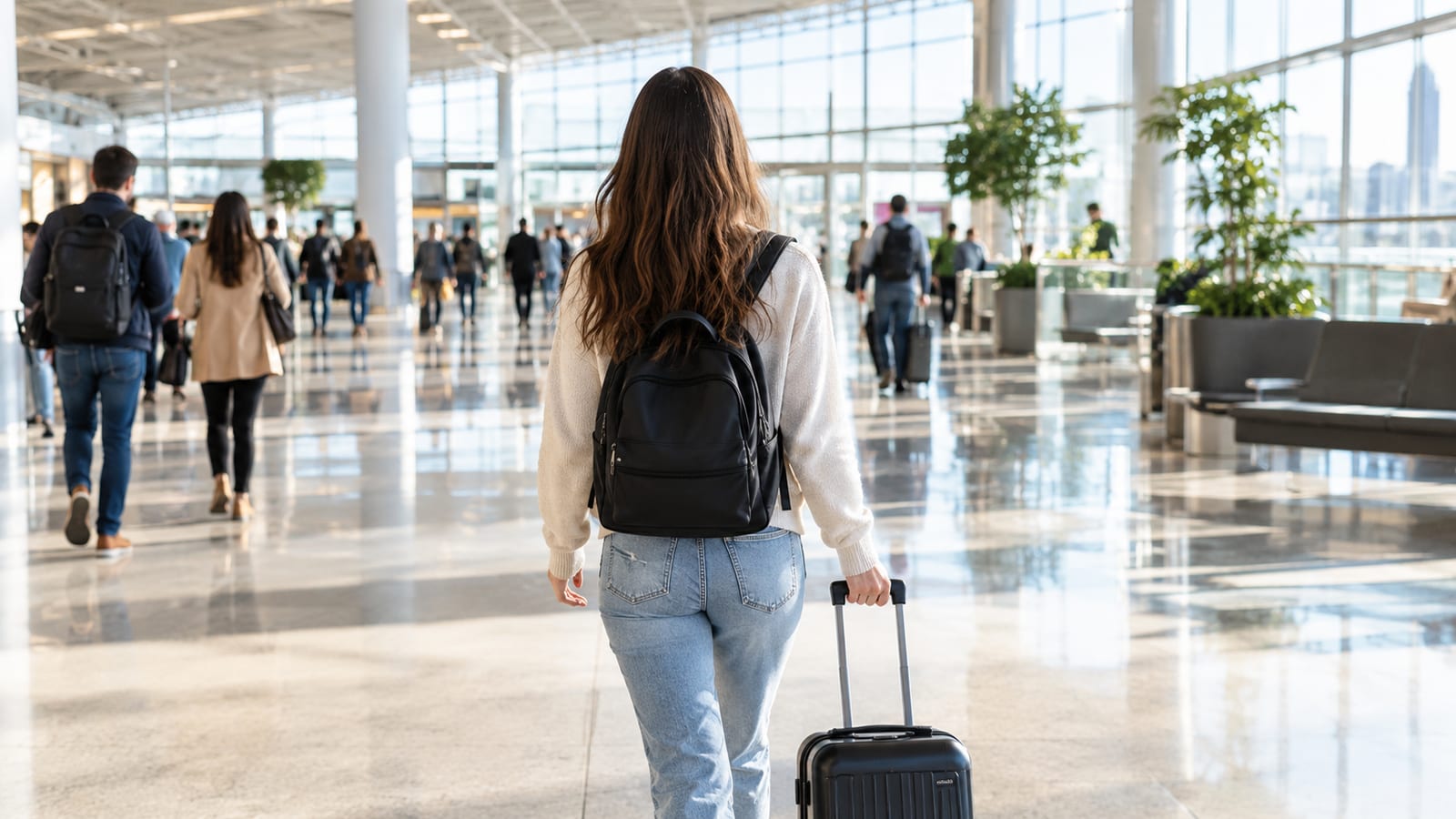 Woman wearing a backpack and pulling a rolling suitcase through a bright airport terminal