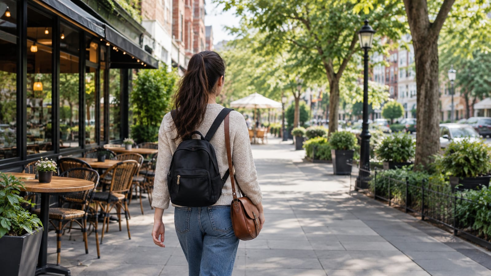 Woman traveling solo with a backpack walks along a sidewalk past outdoor cafe tables