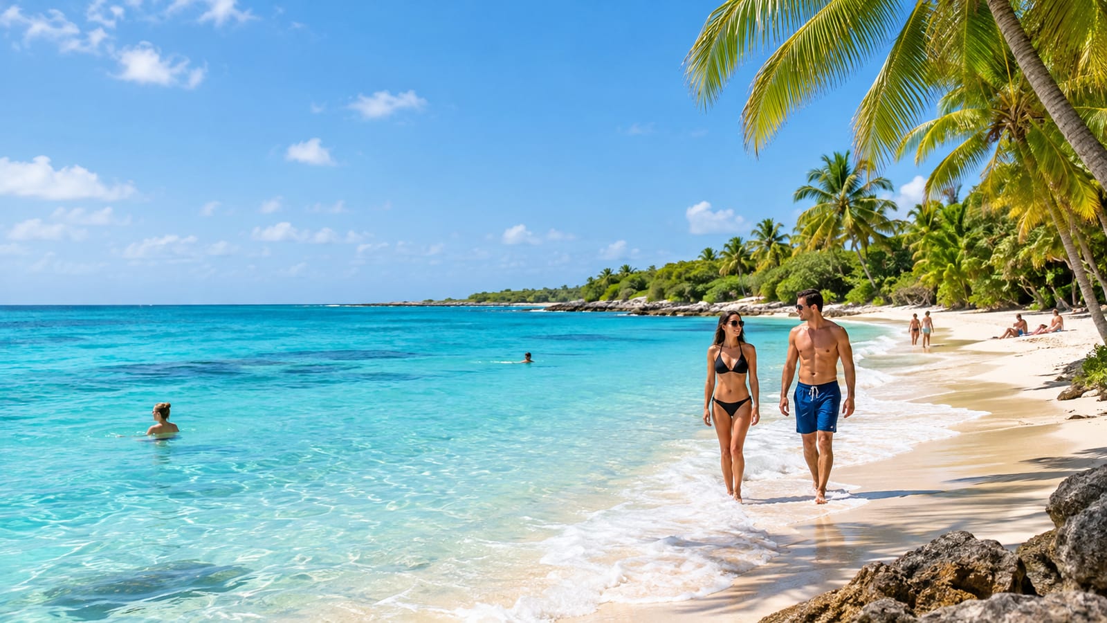 A couple in swimwear walks along a sunny beach beside turquoise water and palm trees
