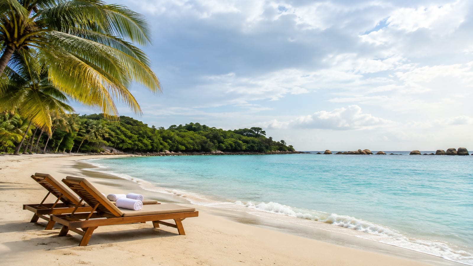 Two wooden lounge chairs with rolled towels on a sandy beach beside calm turquoise water