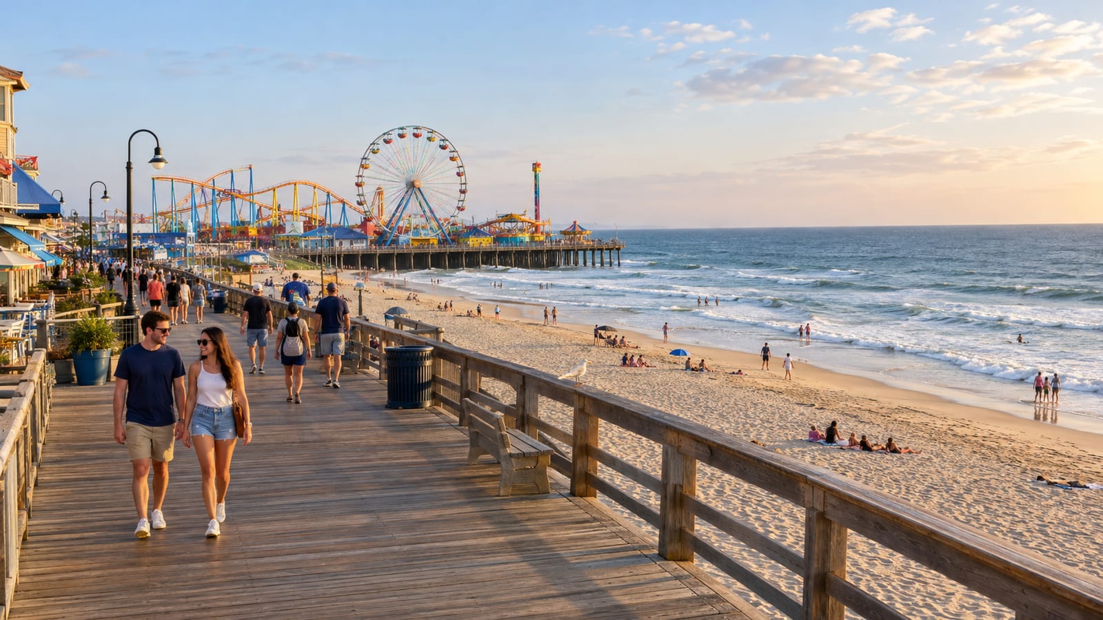 People walking along the Atlantic City boardwalk beside a sandy beach and amusement pier