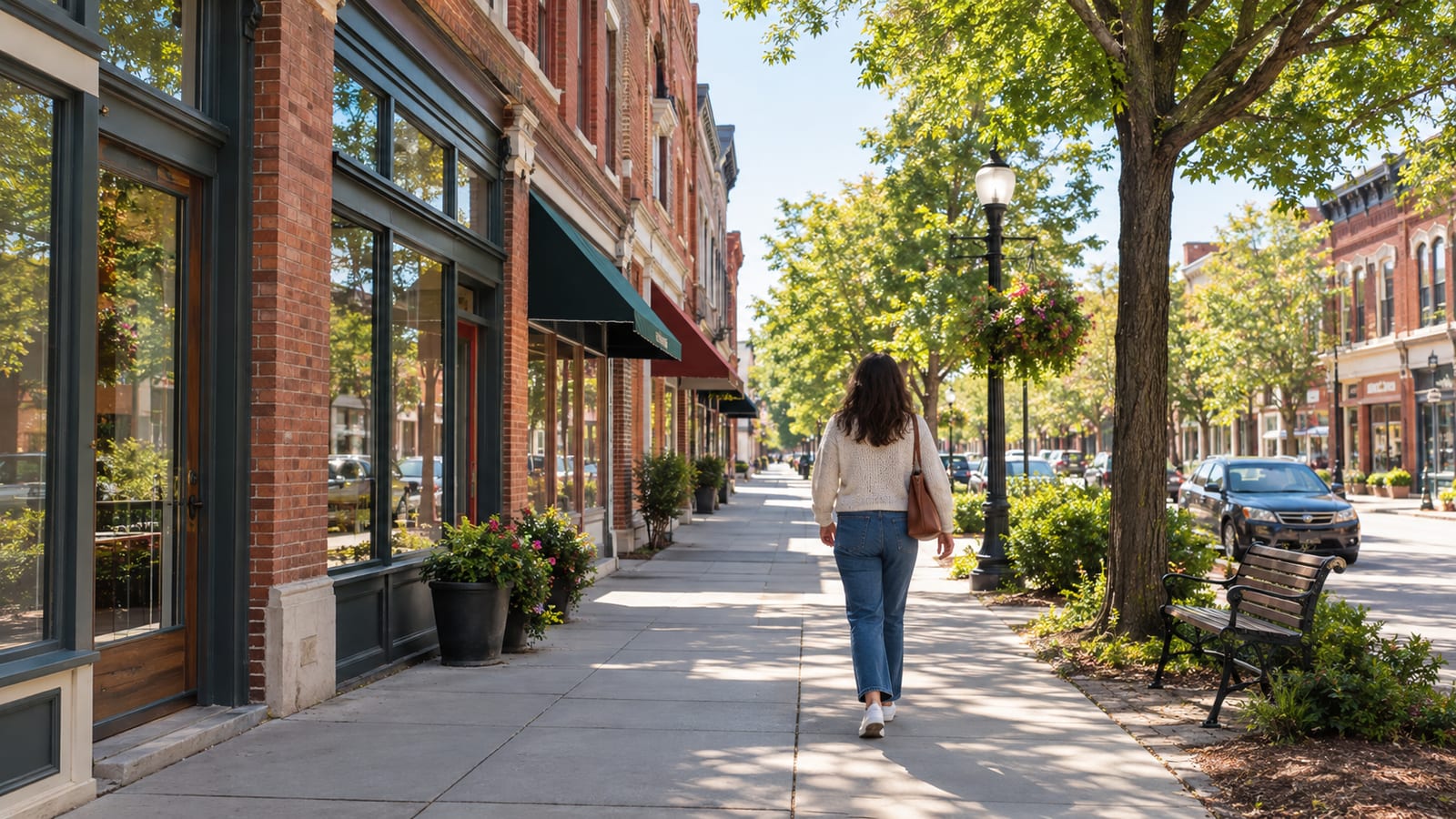 A woman walking down a wide sidewalk lined with brick storefronts and leafy trees
