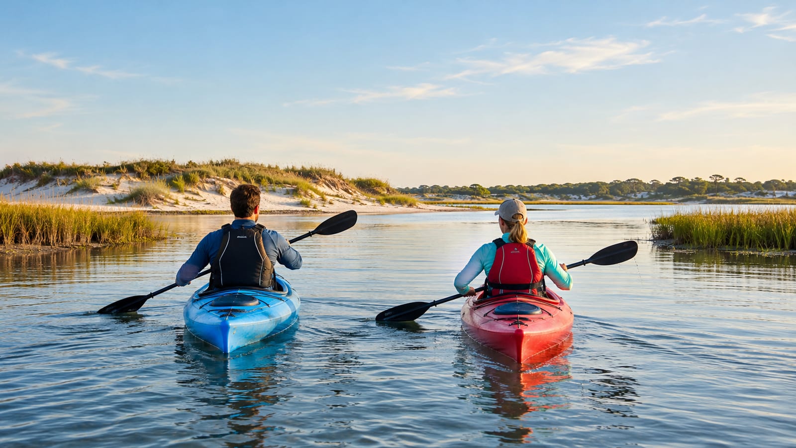 Two people paddling blue and red kayaks through calm coastal water toward sand dunes