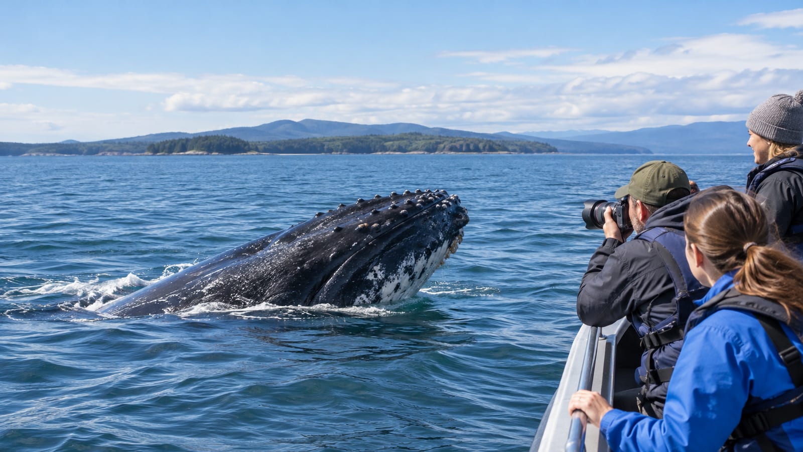 A humpback whale surfaces near tourists taking photographs from an open tour boat