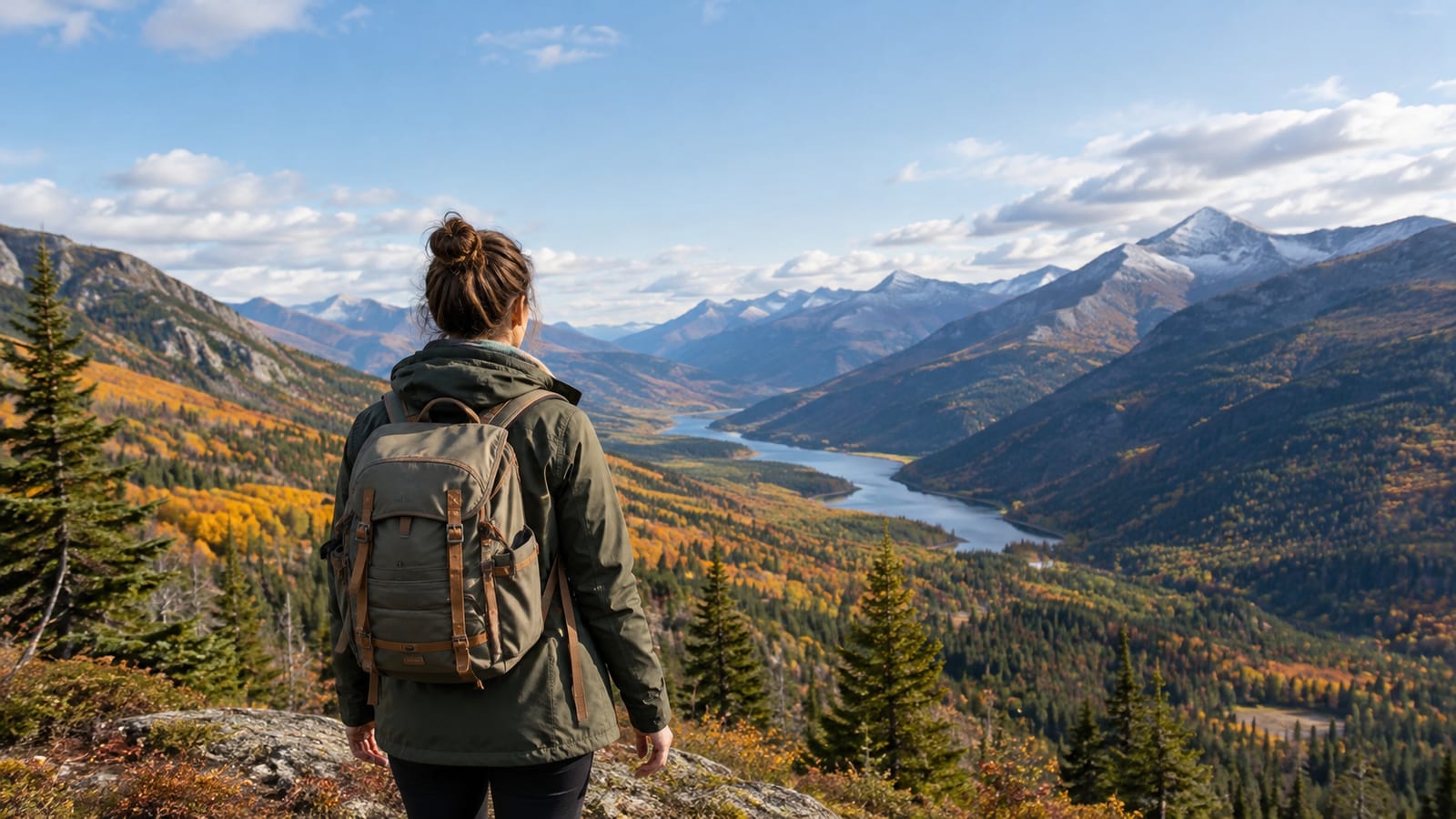 A hiker with a backpack looks out over an autumn mountain valley and river