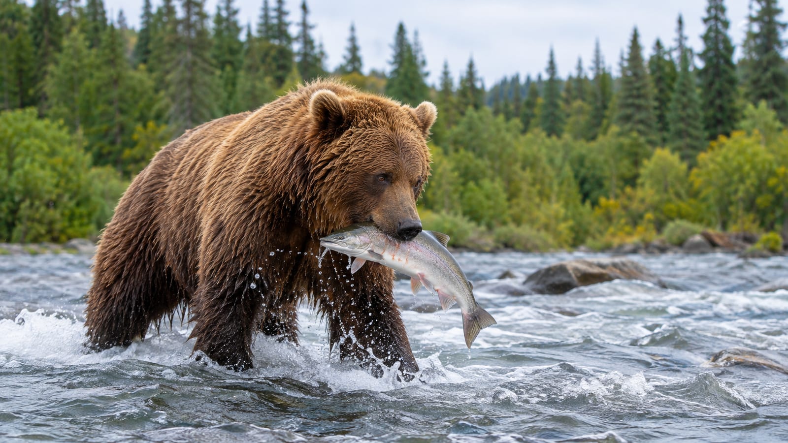 Brown bear wading in a rushing river with a salmon in its mouth