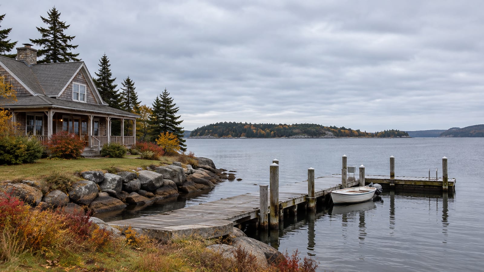 Coastal cottage on a rocky shore beside a wooden dock and small moored boat