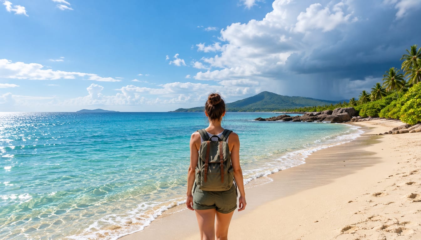 Woman with green backpack seen from behind walking on tropical beach beside turquoise ocean