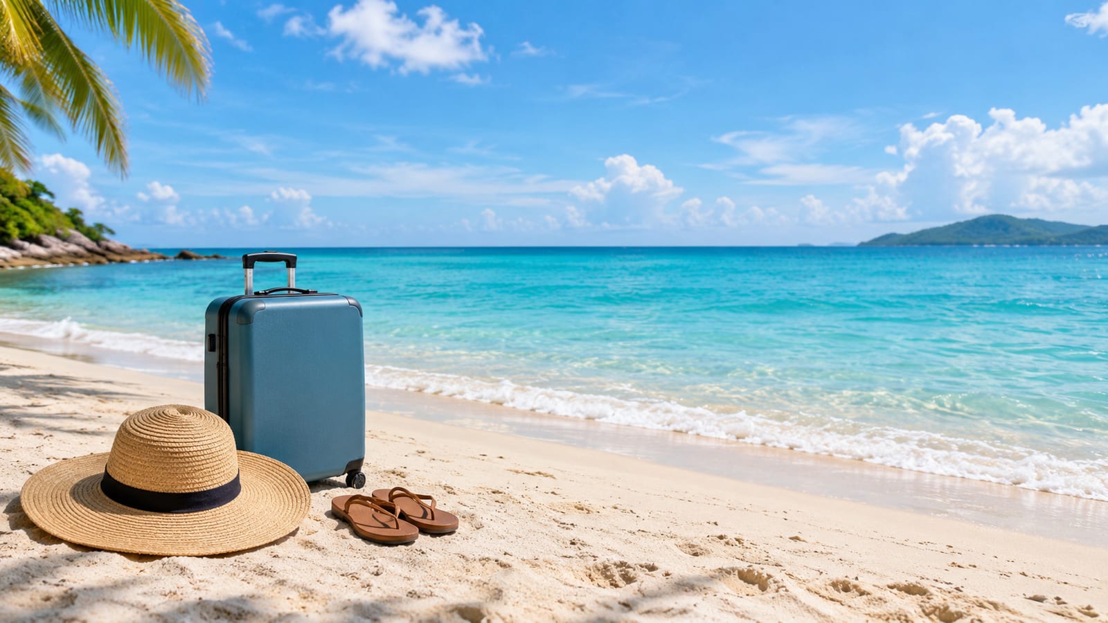 Blue suitcase straw hat and brown flip-flops on sandy beach with turquoise ocean