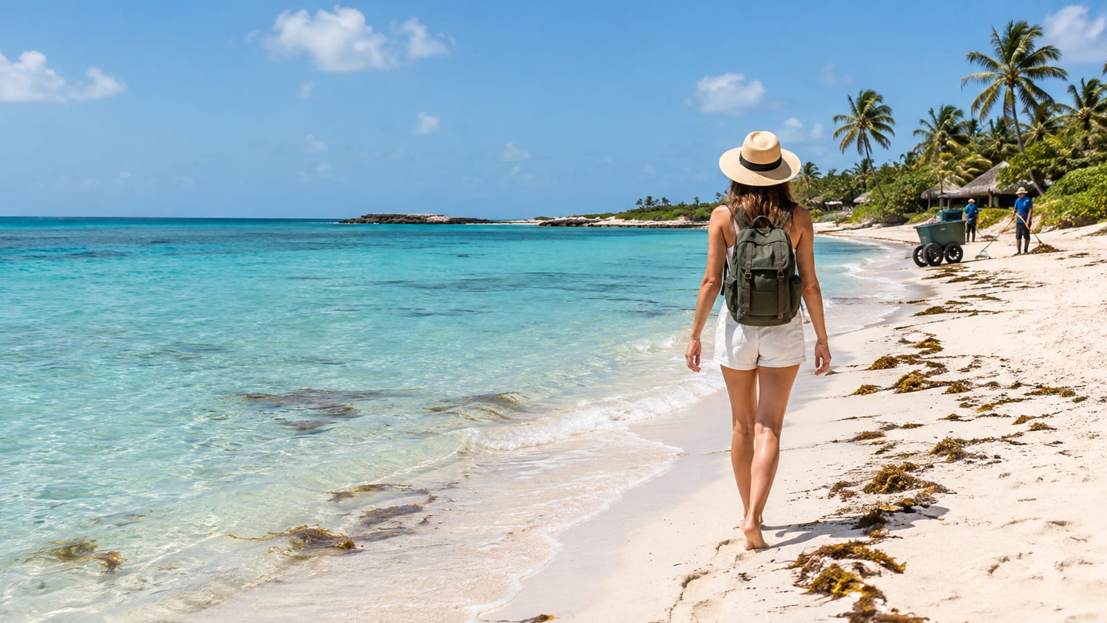 Woman with green backpack and straw hat walking on beach next to turquoise ocean