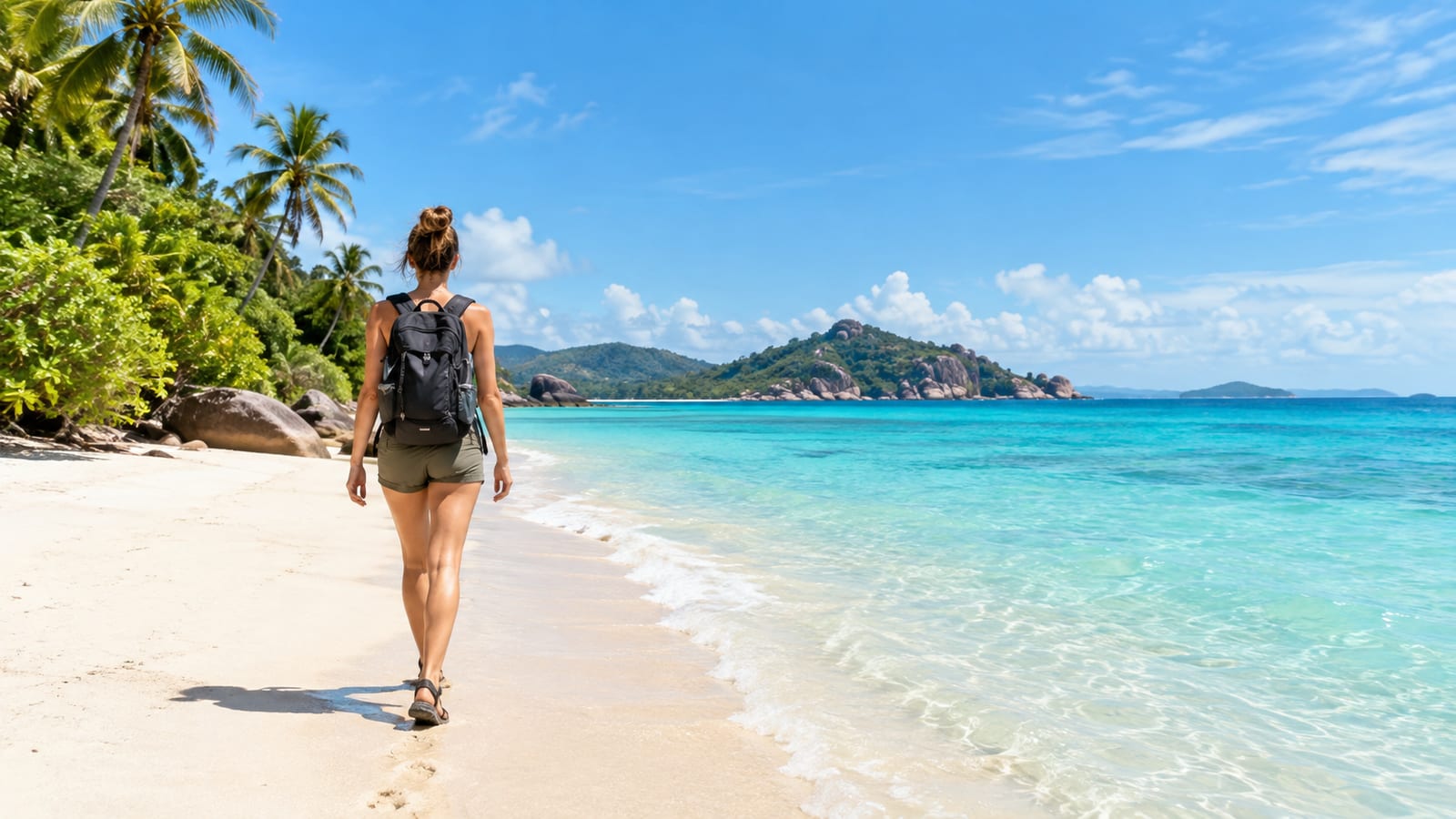 Woman with backpack walks on white sand beach next to turquoise ocean with palm trees