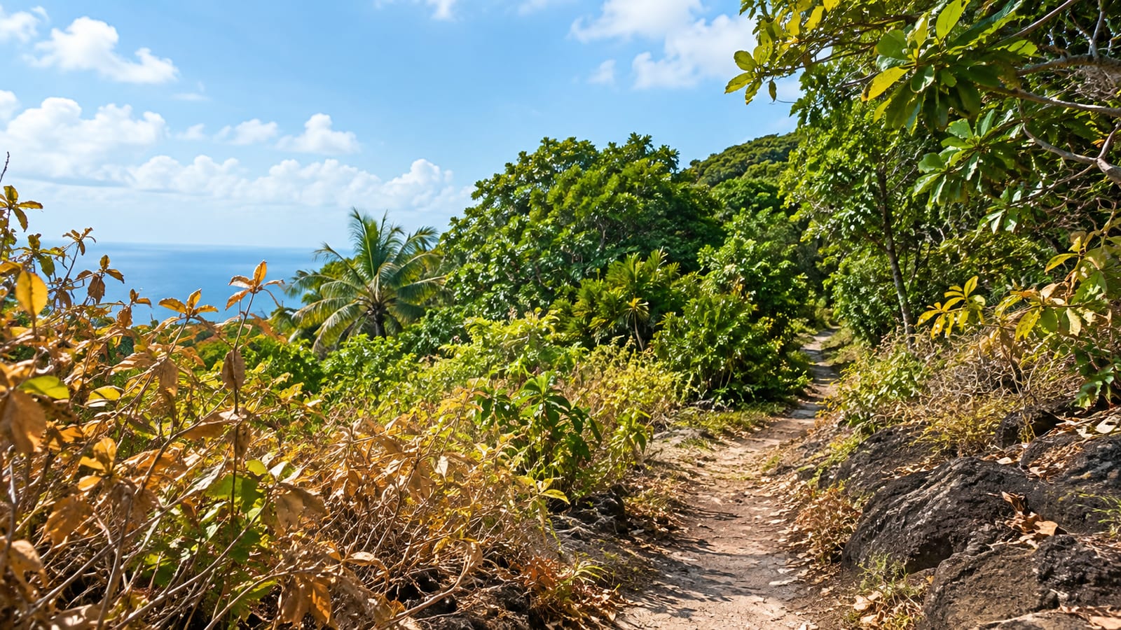 Dirt path winds through lush green vegetation with ocean view in background