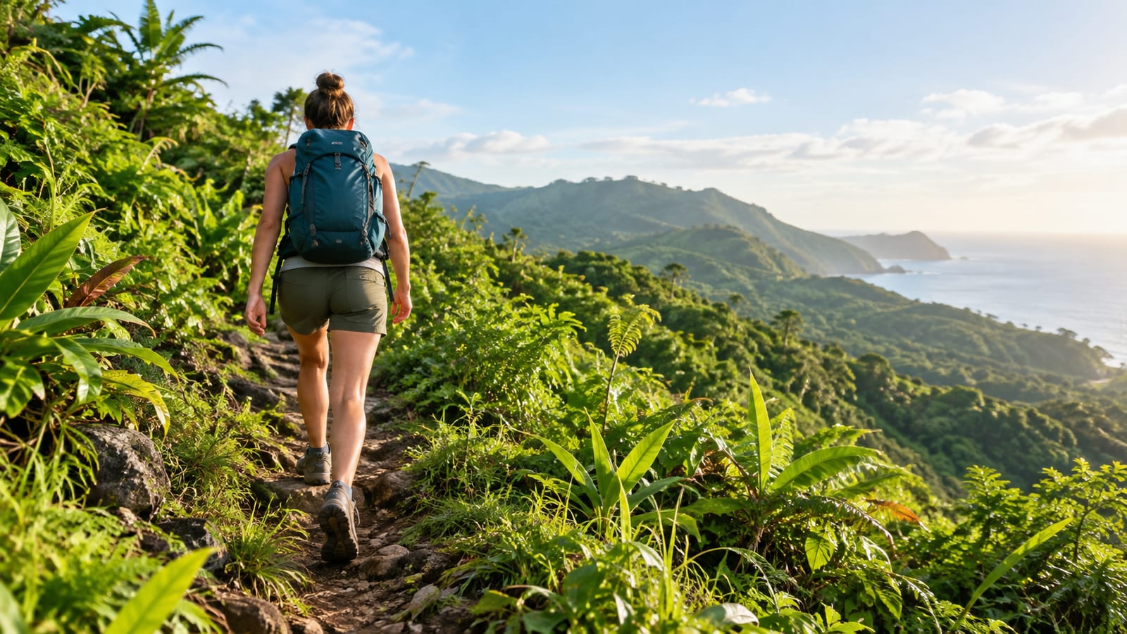 Woman with backpack hiking on lush green trail overlooking ocean and mountains