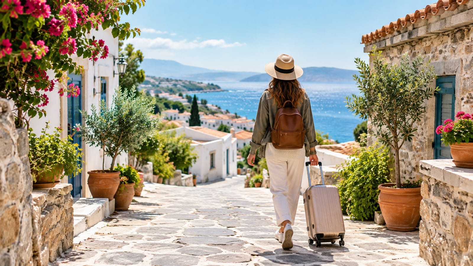 Solo traveler with carry-on and light layers walking through a sunlit Mediterranean village street, no signs