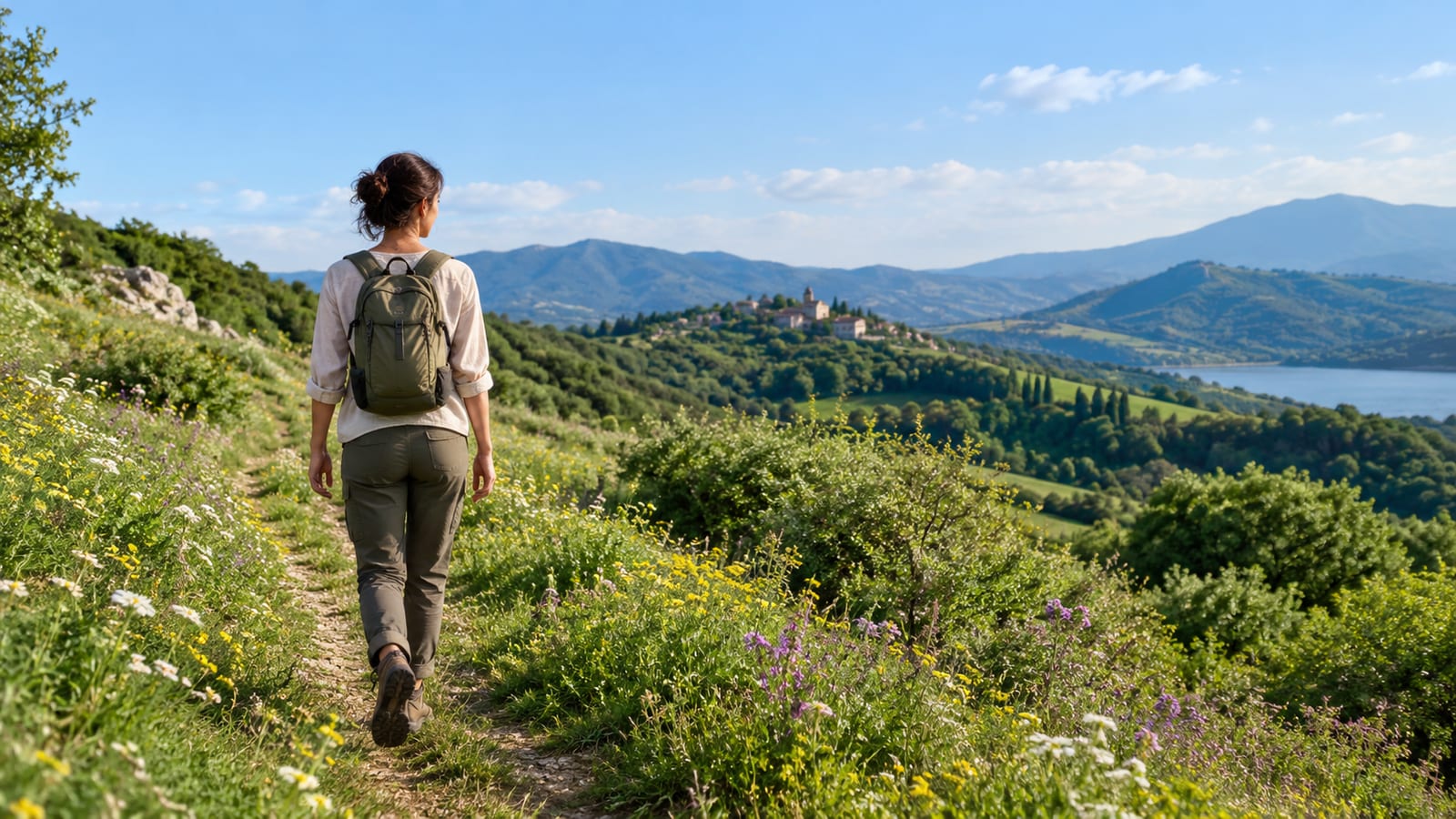Woman with backpack walks on dirt path through wildflower meadow toward village and mountains