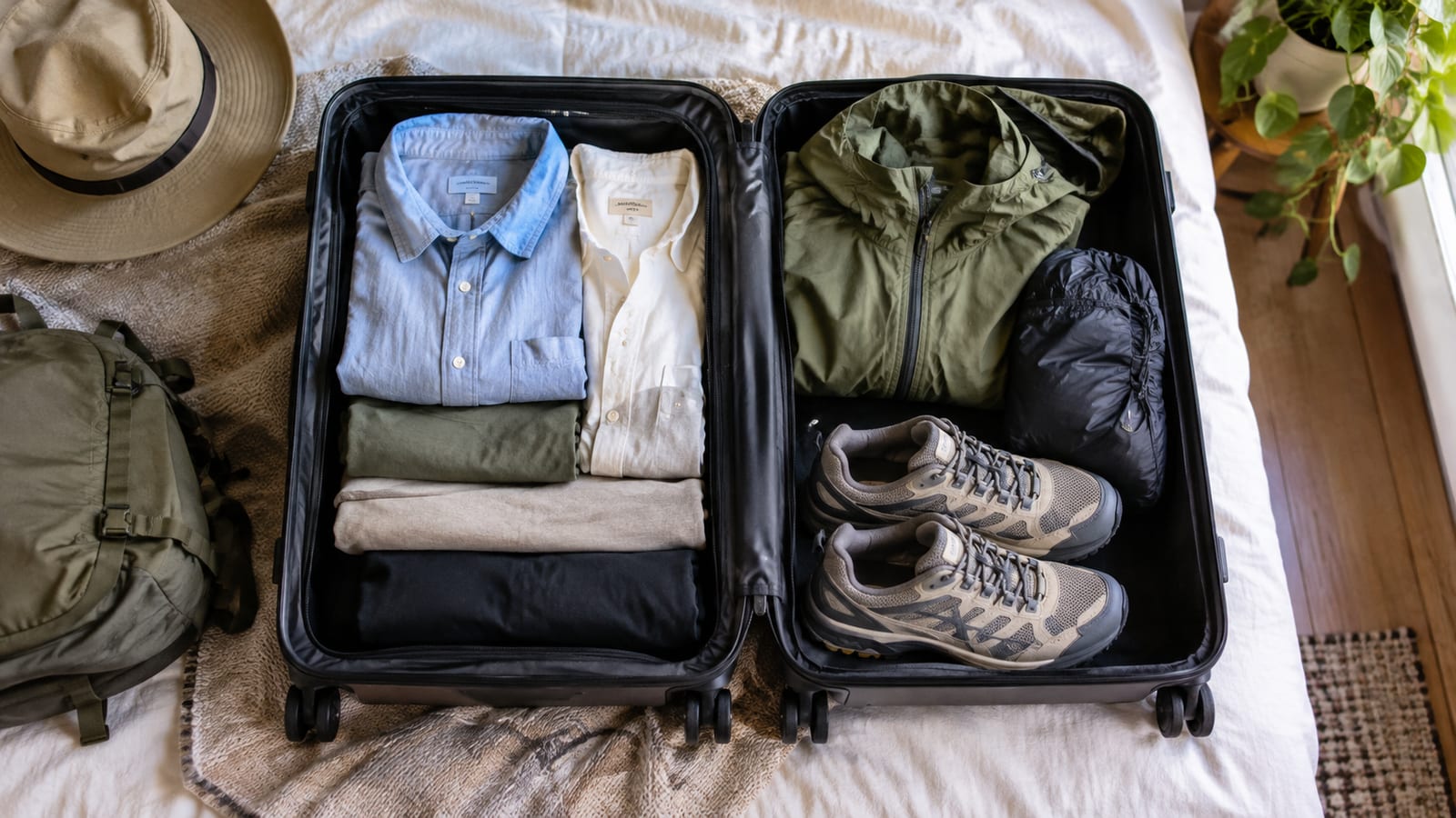 Open suitcase packed with folded travel clothes, jacket, and hiking shoes on a bed