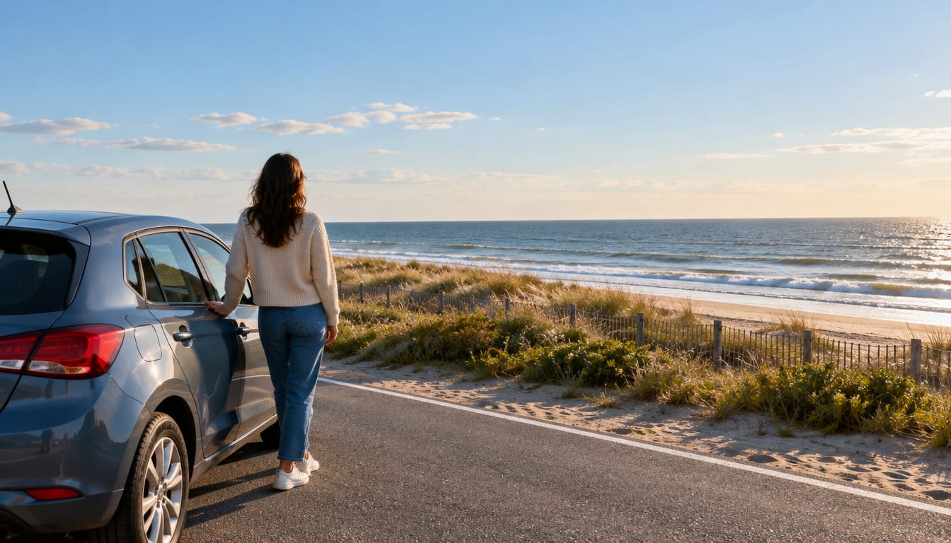 Woman standing beside a car on a coastal road looking out at the ocean