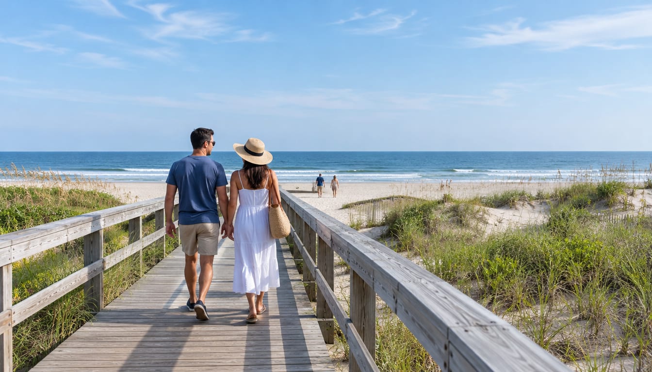 A couple walks along a wooden boardwalk through dunes toward the ocean