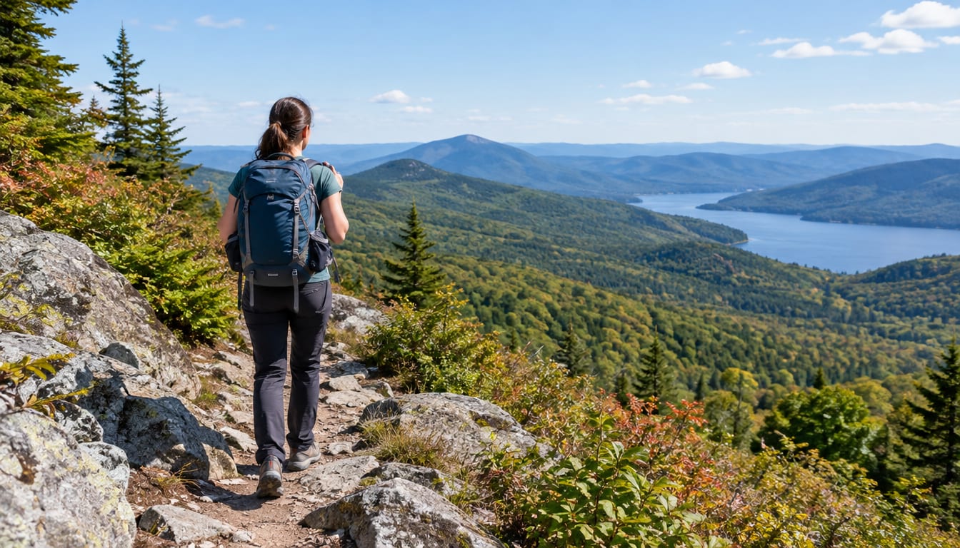 Hiker with a backpack walks along a rocky trail overlooking a lake and forested mountains