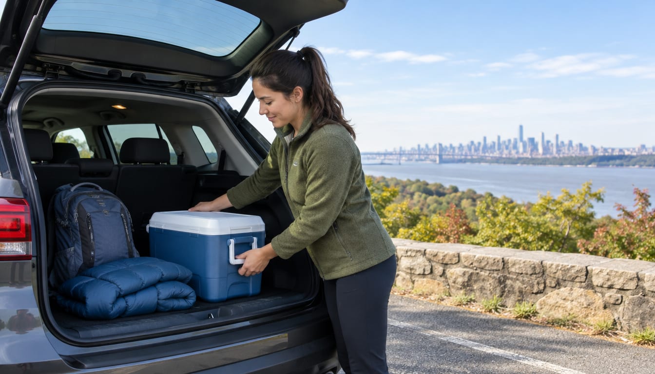 Woman packing a cooler and road trip gear into a car trunk overlooking a skyline