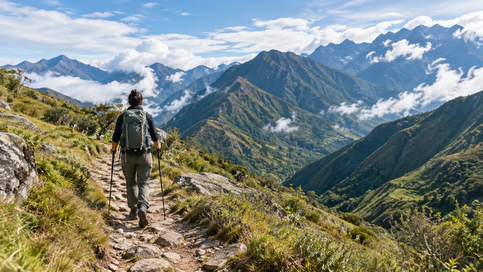 A hiker with a backpack and trekking poles walks along a rocky mountain trail