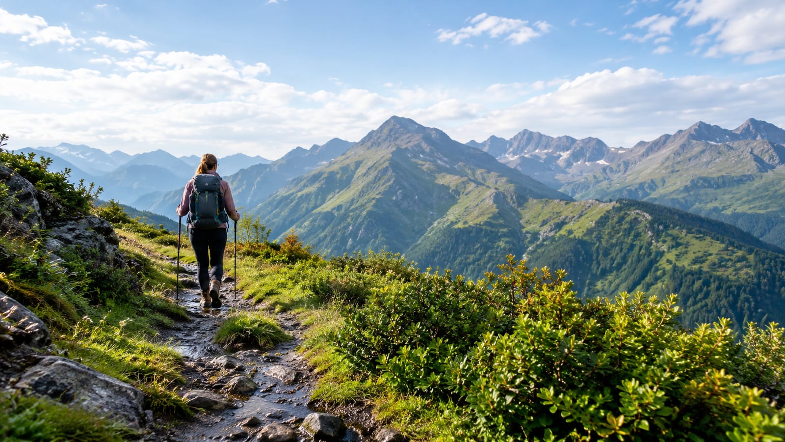 Hiker with a backpack and trekking poles walking along a rugged mountain trail