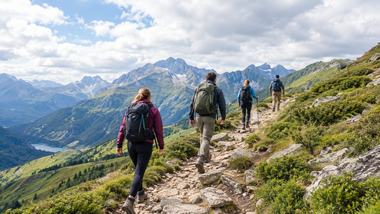 Four trekkers with backpacks hike along a rocky mountain trail surrounded by green peaks