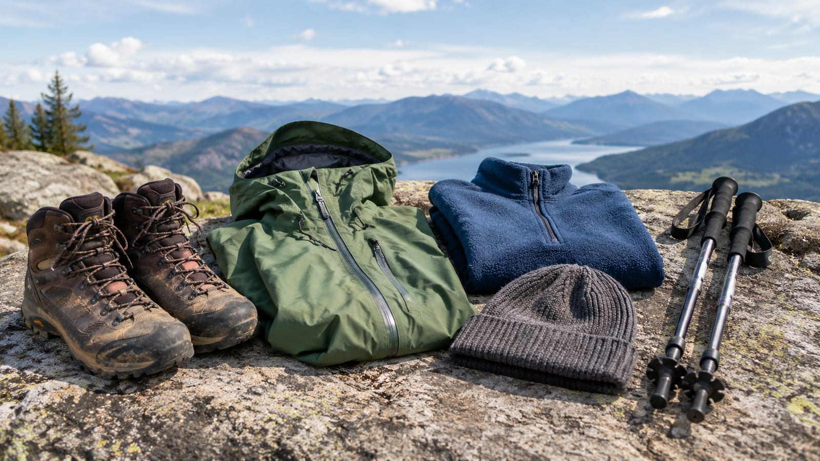 Trekking boots, jacket, fleece, beanie, and poles on a rock overlooking a mountain lake