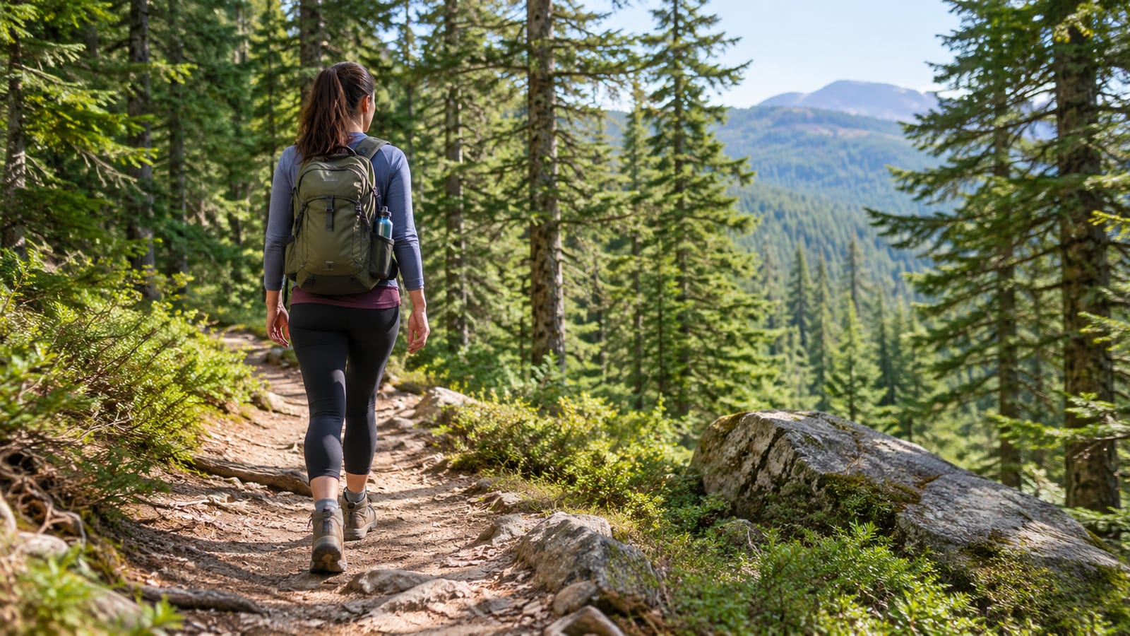 A hiker wearing a daypack walks along a dirt trail through a pine forest