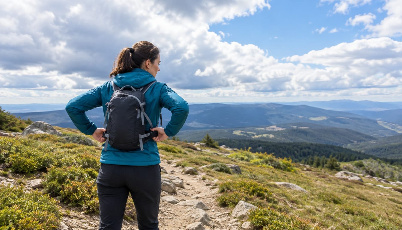 Woman wearing a daypack looks out over mountain valleys from a hiking trail