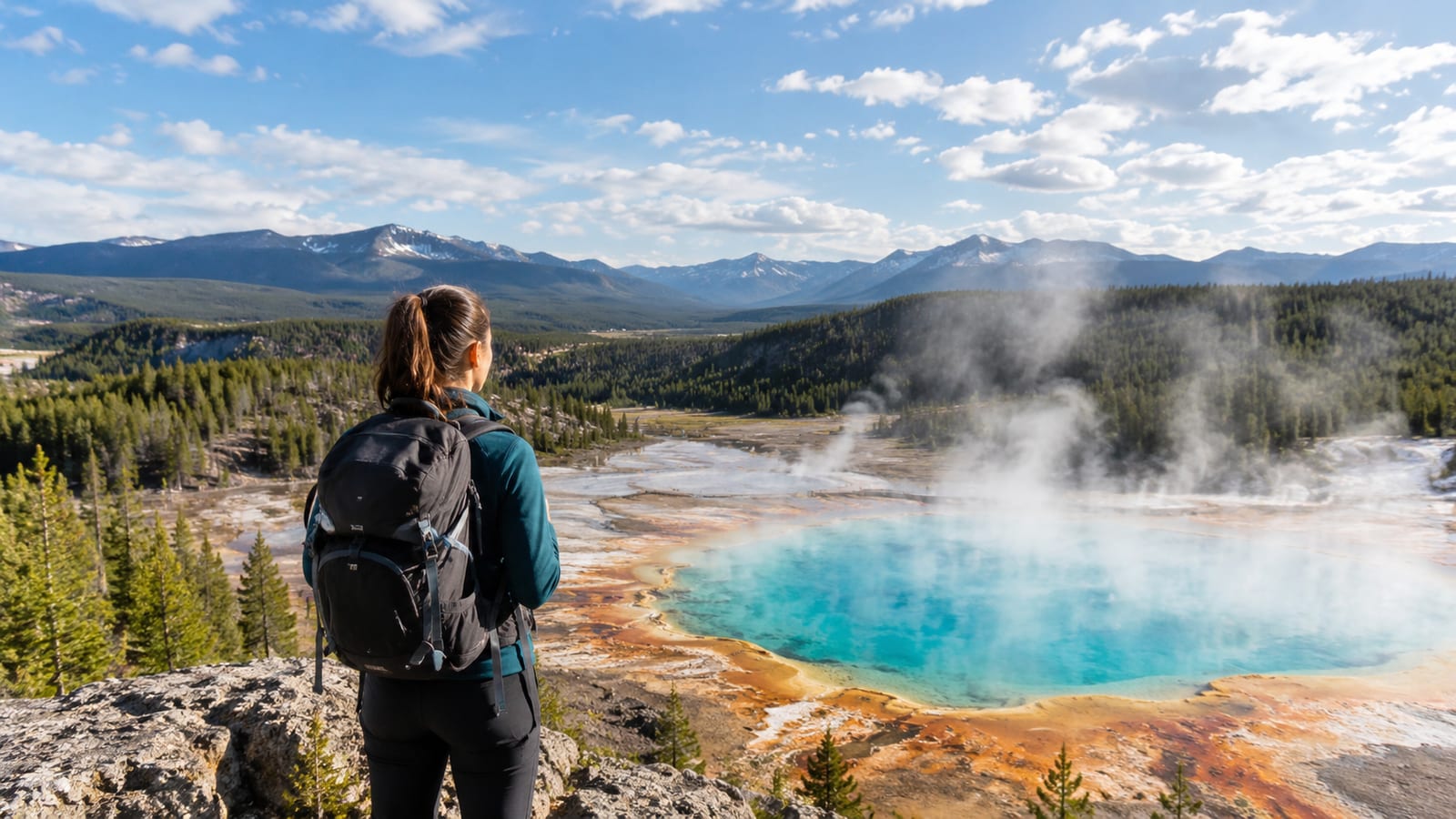 A hiker with a backpack overlooks a steaming turquoise hot spring from a rocky ridge