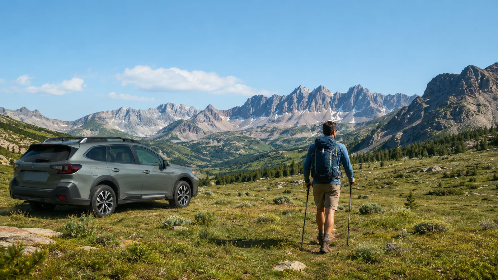A hiker walks across a meadow near a parked SUV toward rugged mountains
